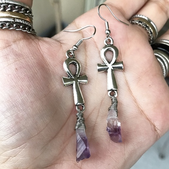 Amethyst silver plated ankh crosses earrings - Picture 4 of 8